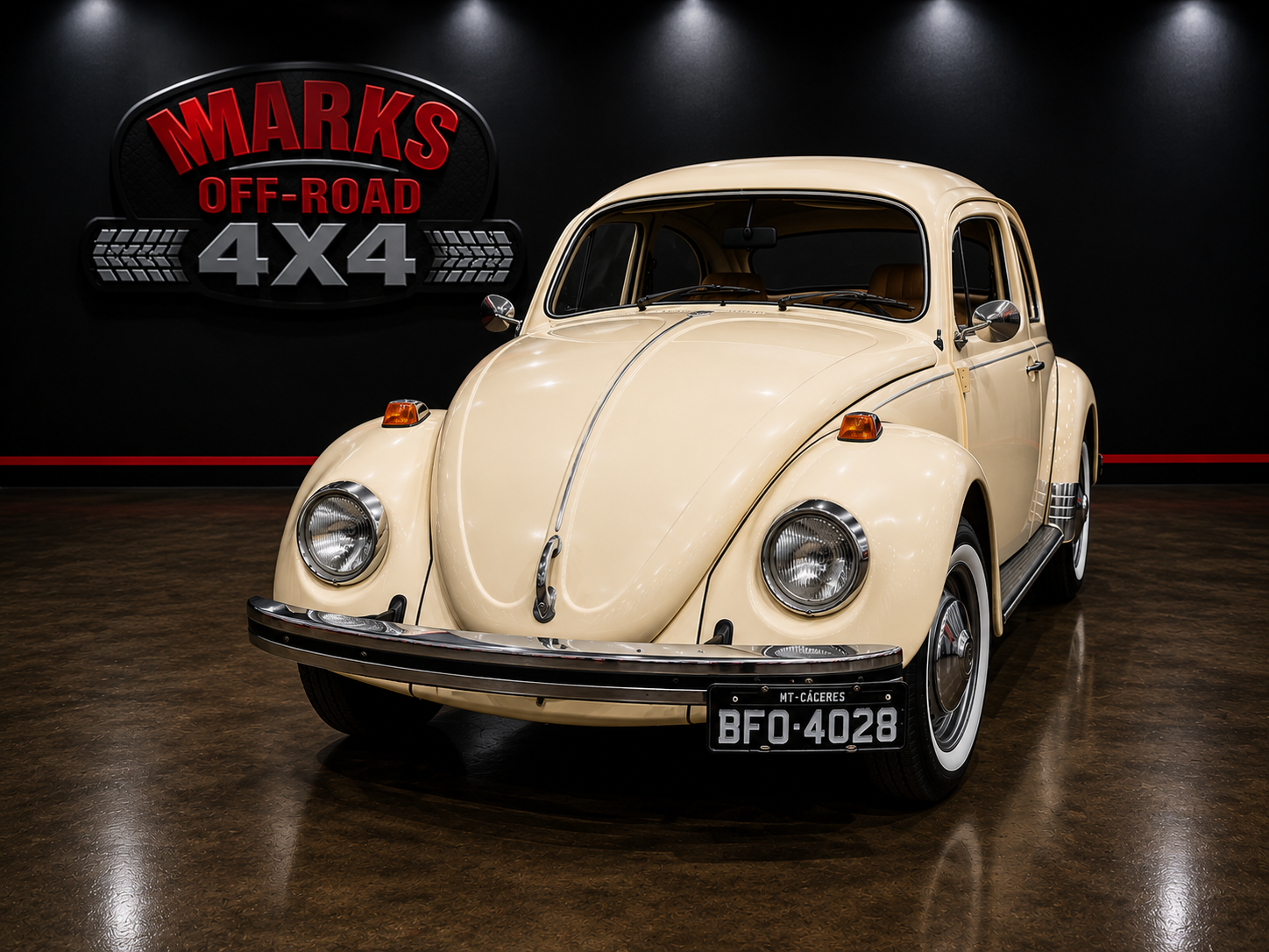 Fusca 78 bege restaurado visto de frente em três quartos no showroom Marks Off-Road 4x4