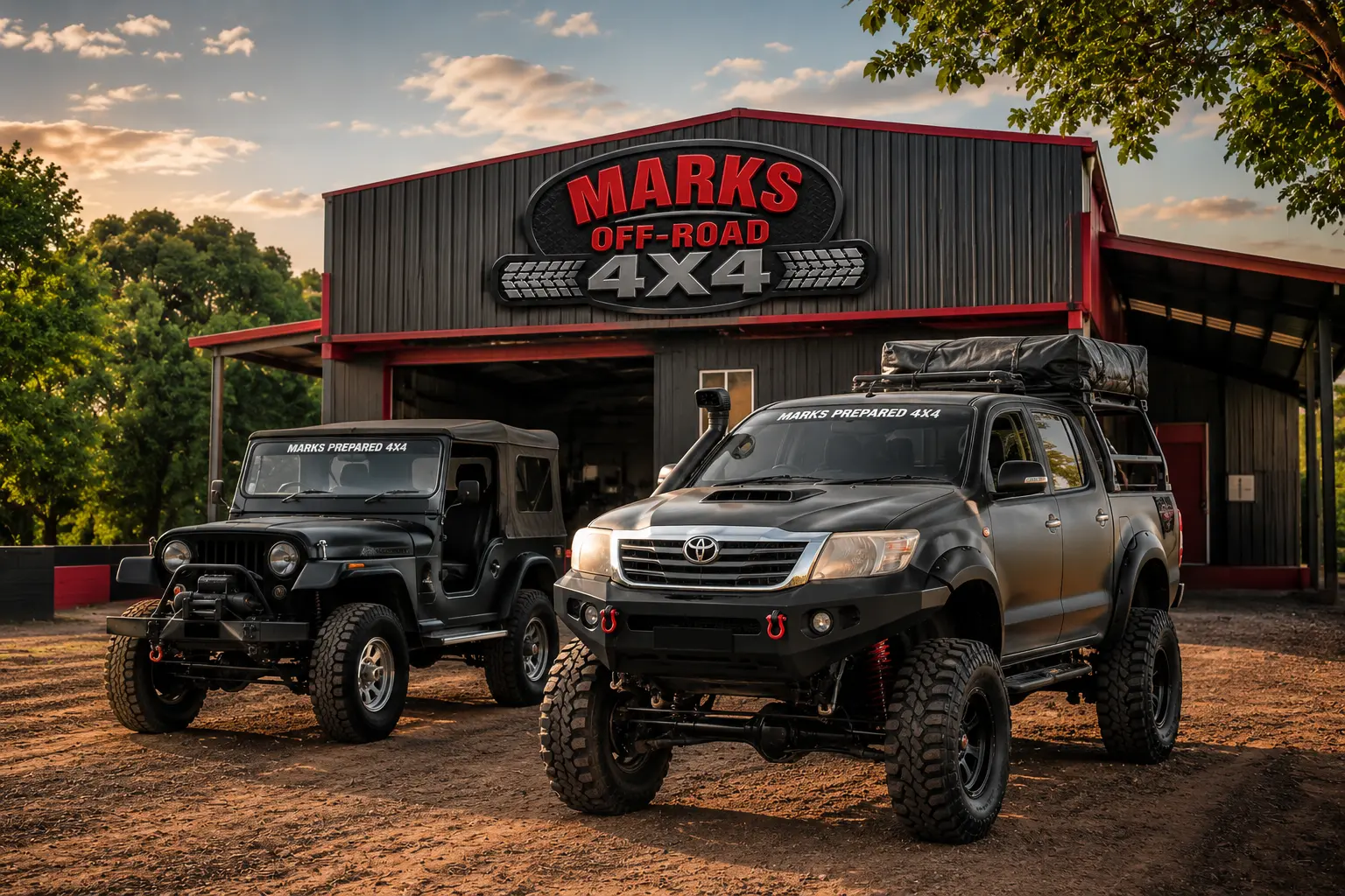 Hilux e Jeep preparados em frente à oficina Marks Off-Road 4x4