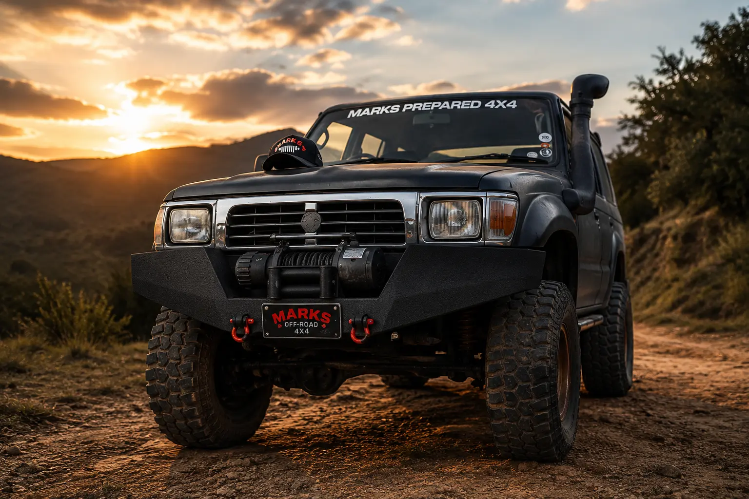 Land Cruiser preto com para-choque de aço e guincho ao pôr do sol na trilha